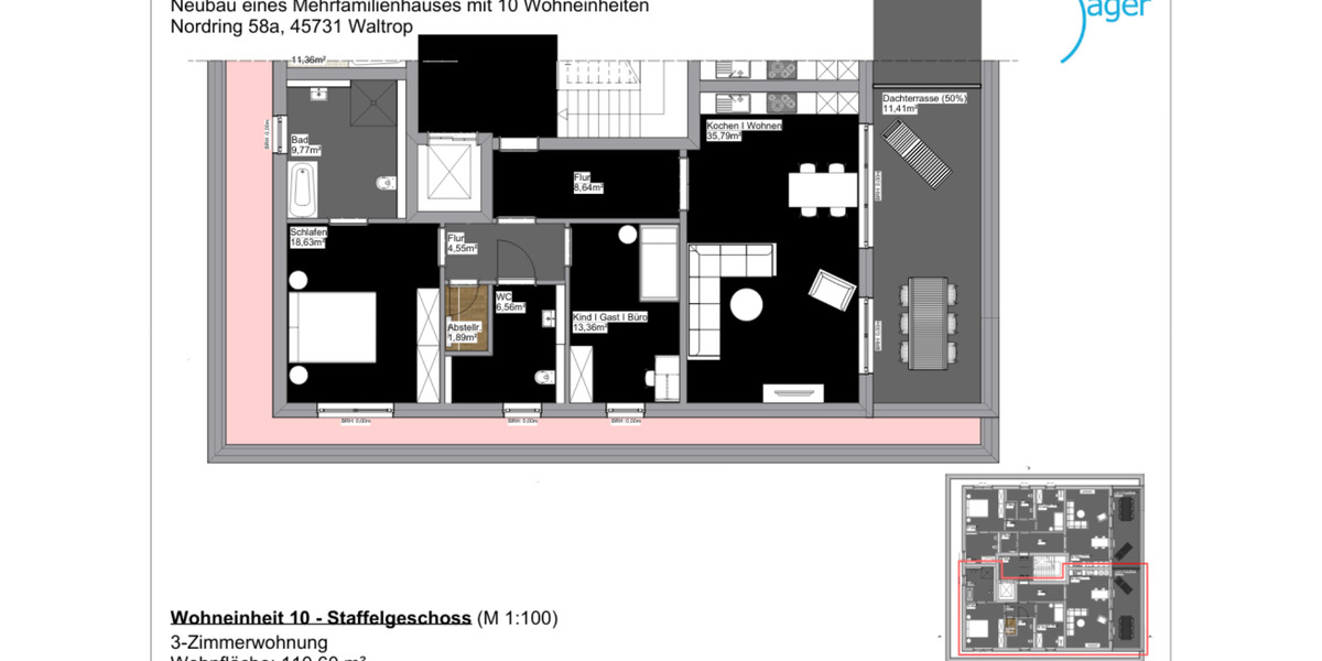 Erstbezug! Exklusive 3-Zimmer-Penthousewohnung mit Dachterrasse & Gäste-Bad in Waltrop-Zentrum 3 zimmer